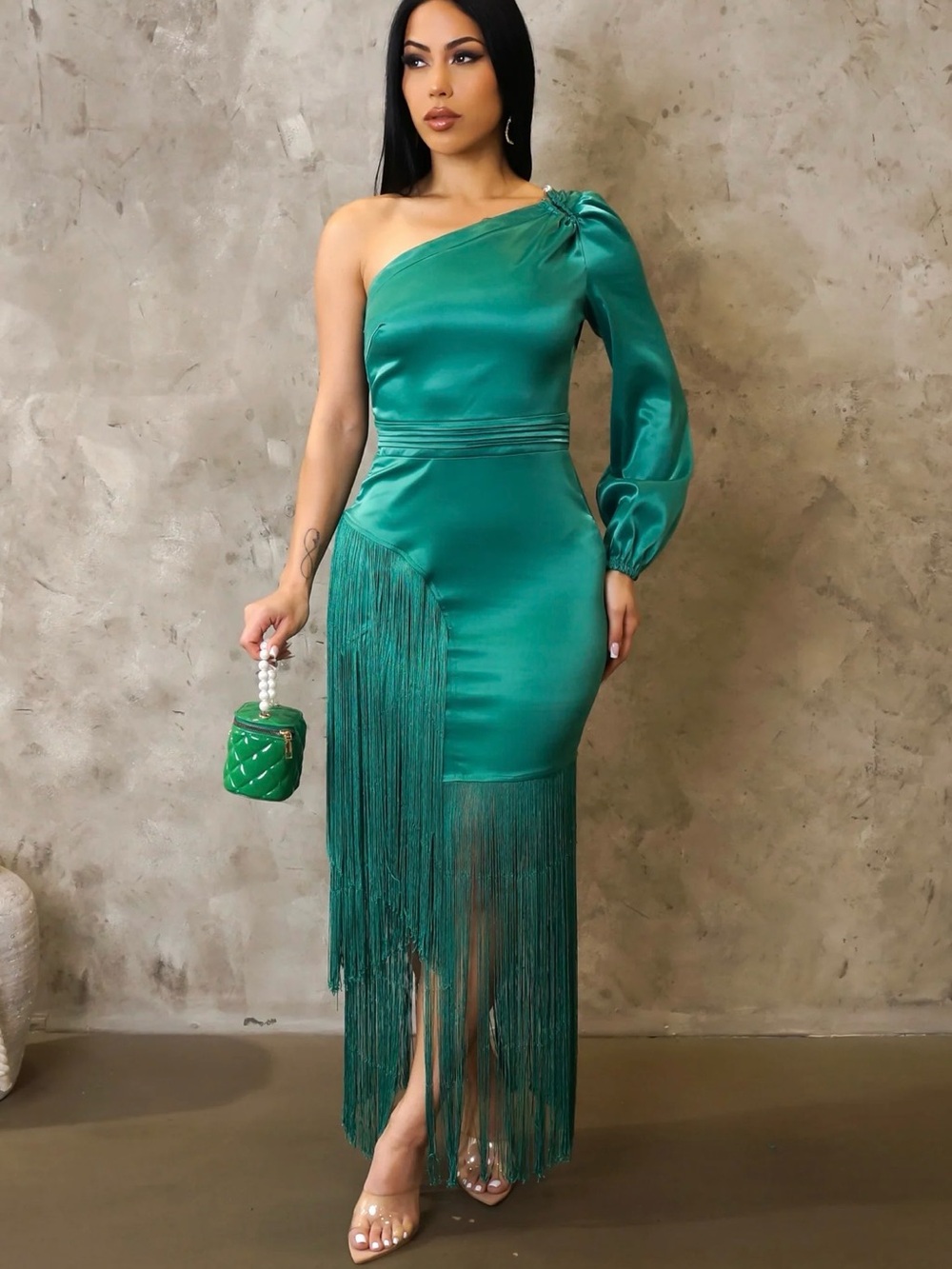 One-Shoulder Teal Satin Fringe Evening Dress
